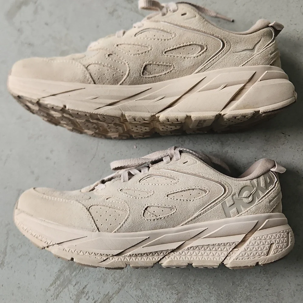 Hoka Genuine Suede Tan Clifton Sneakers